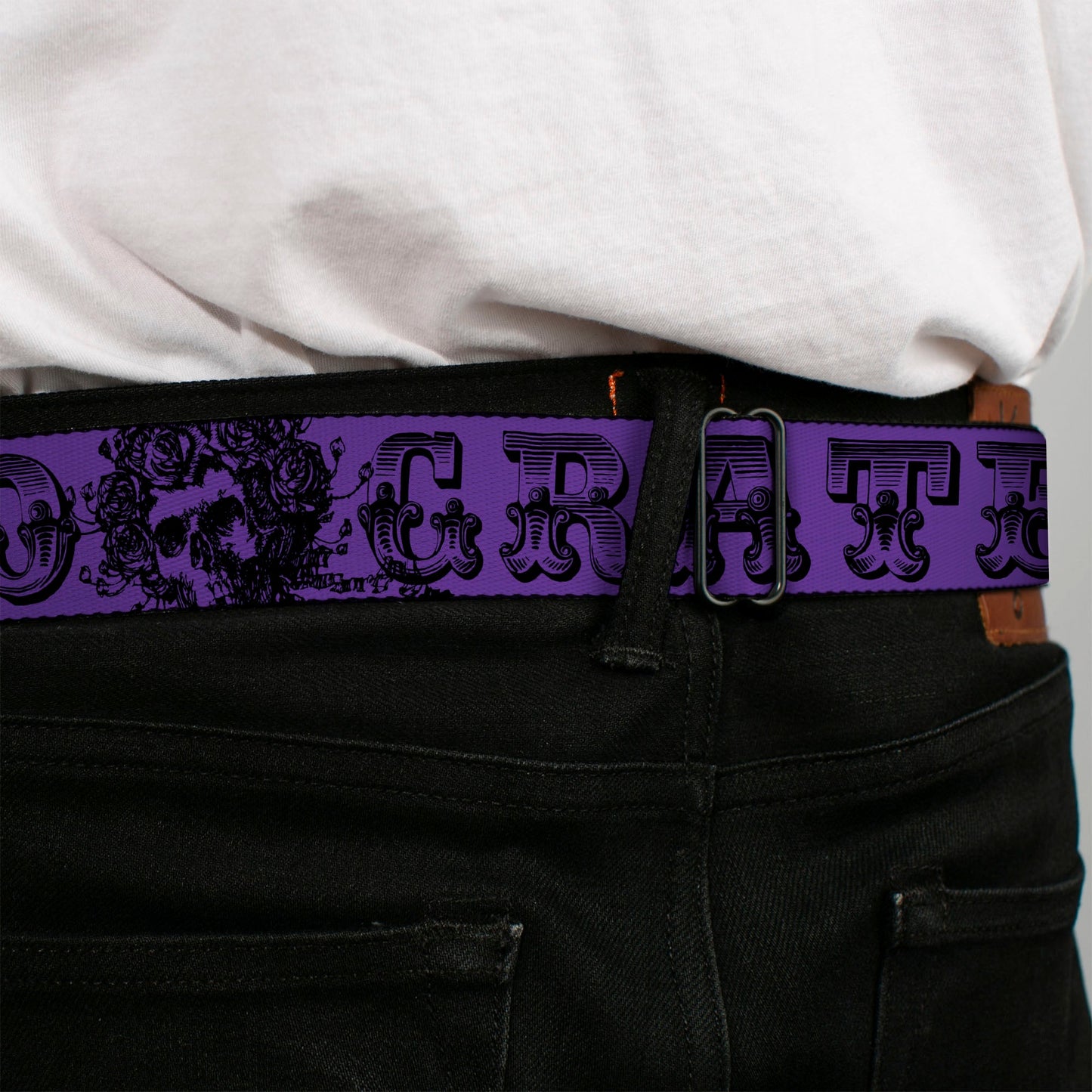 Grateful Dead Text With Skull and Roses Belt