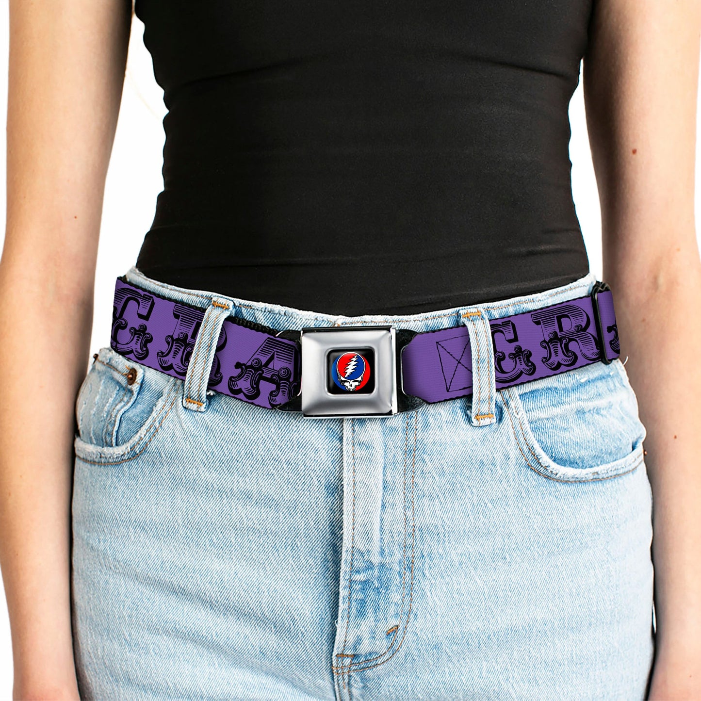 Grateful Dead Text With Skull and Roses Belt