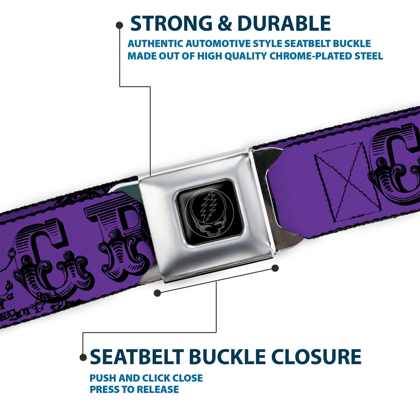 Grateful Dead Text With Skull and Roses Belt