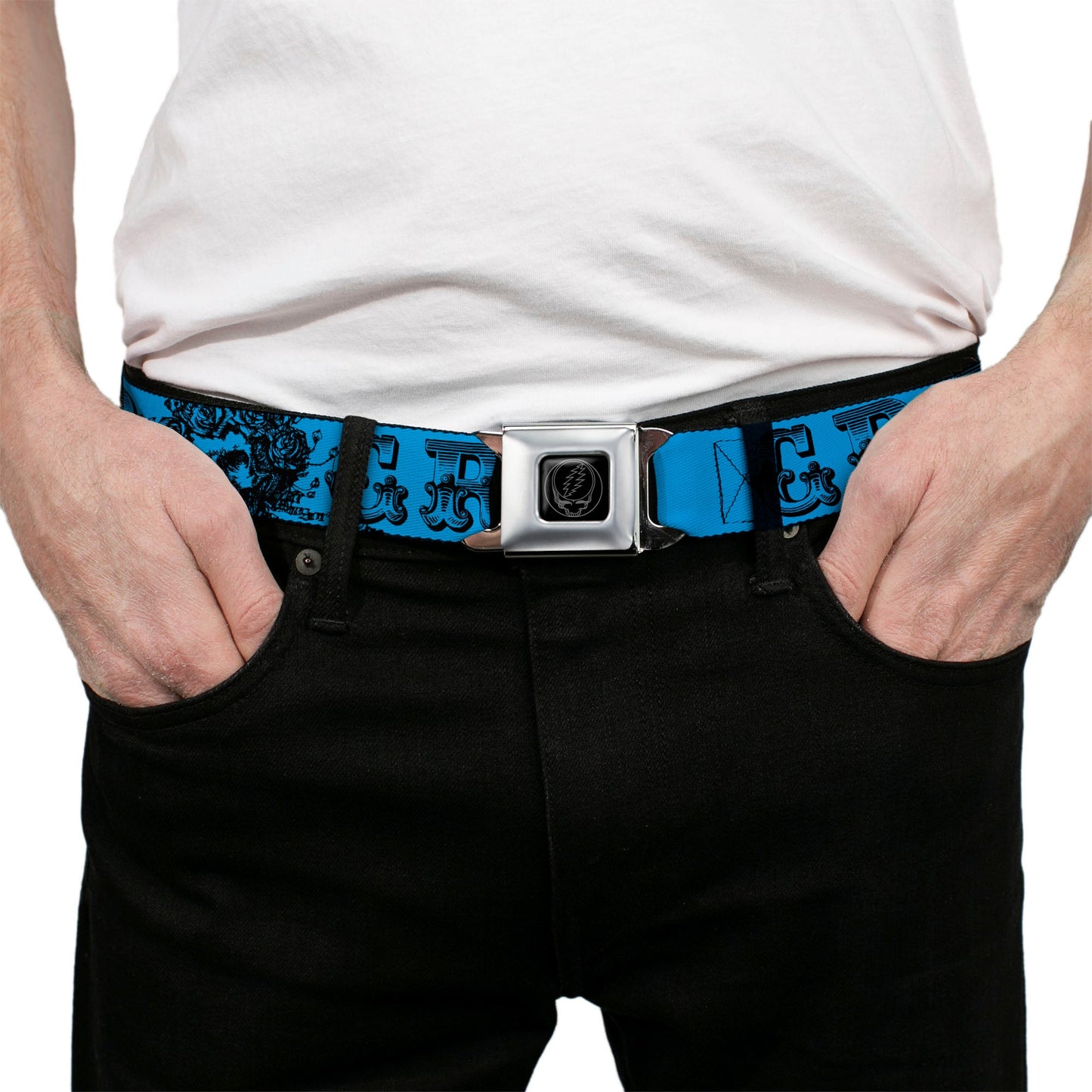 Grateful Dead Text With Skull and Roses Turquoise Seatbelt Belt