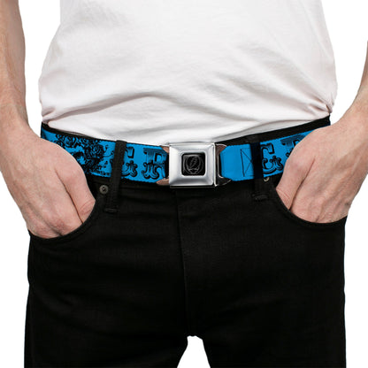 Grateful Dead Text With Skull and Roses Turquoise Seatbelt Belt