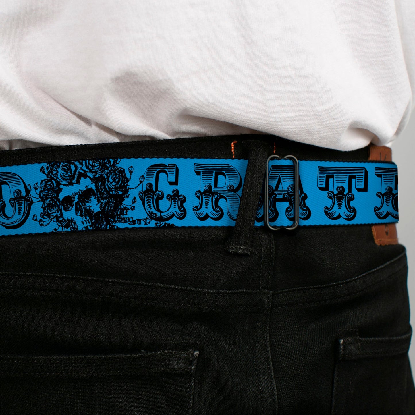 Grateful Dead Text With Skull and Roses Turquoise Seatbelt Belt