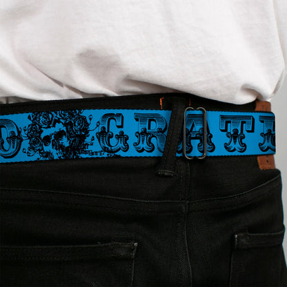 Grateful Dead Text With Skull and Roses Turquoise Seatbelt Belt
