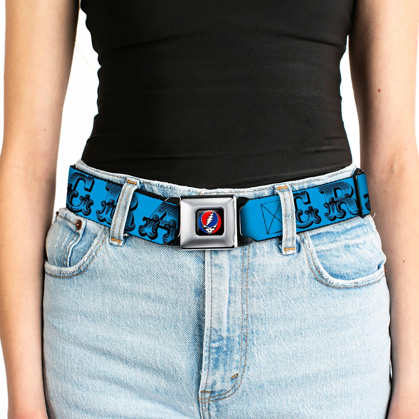 Grateful Dead Text With Skull and Roses Turquoise Seatbelt Belt
