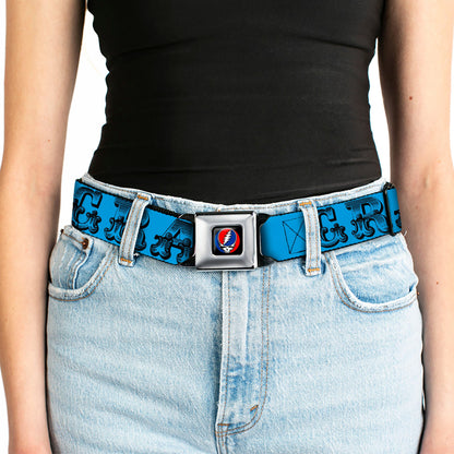 Grateful Dead Text With Skull and Roses Turquoise Seatbelt Belt