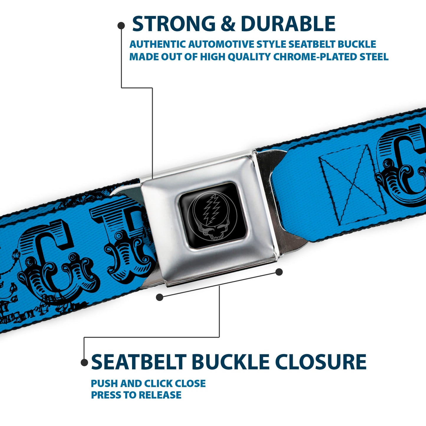Grateful Dead Text With Skull and Roses Turquoise Seatbelt Belt