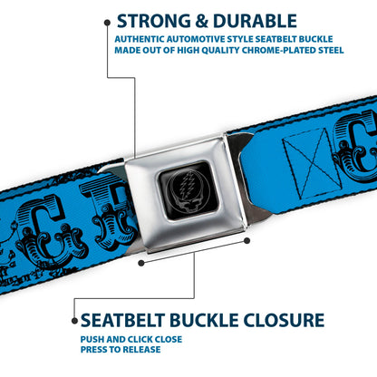Grateful Dead Text With Skull and Roses Turquoise Seatbelt Belt