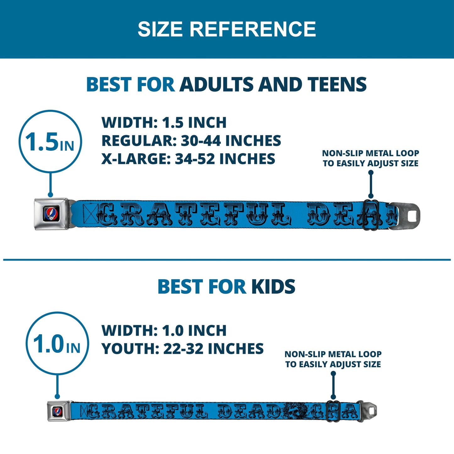 Grateful Dead Text With Skull and Roses Turquoise Seatbelt Belt