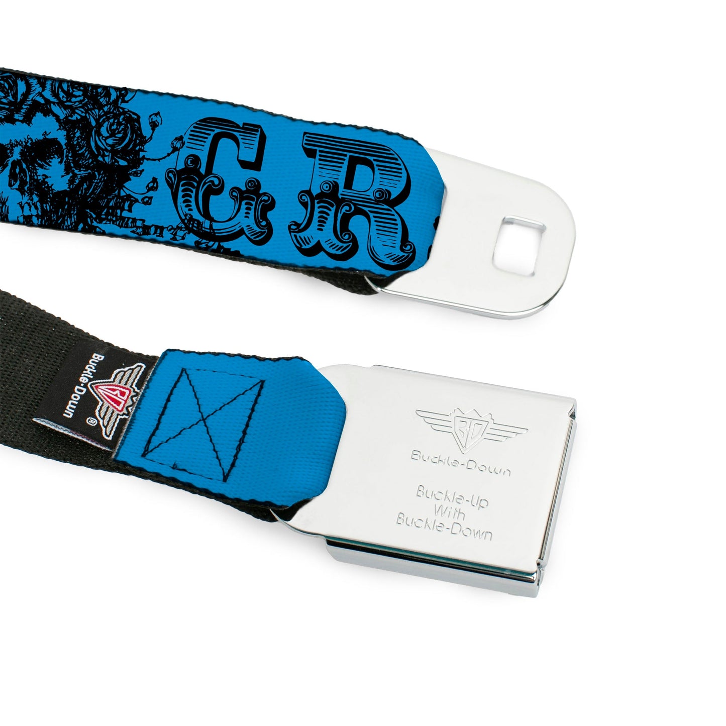 Grateful Dead Text With Skull and Roses Turquoise Seatbelt Belt