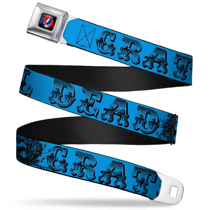 Grateful Dead Text With Skull and Roses Turquoise Seatbelt Belt