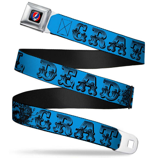 Grateful Dead Text With Skull and Roses Turquoise Seatbelt Belt