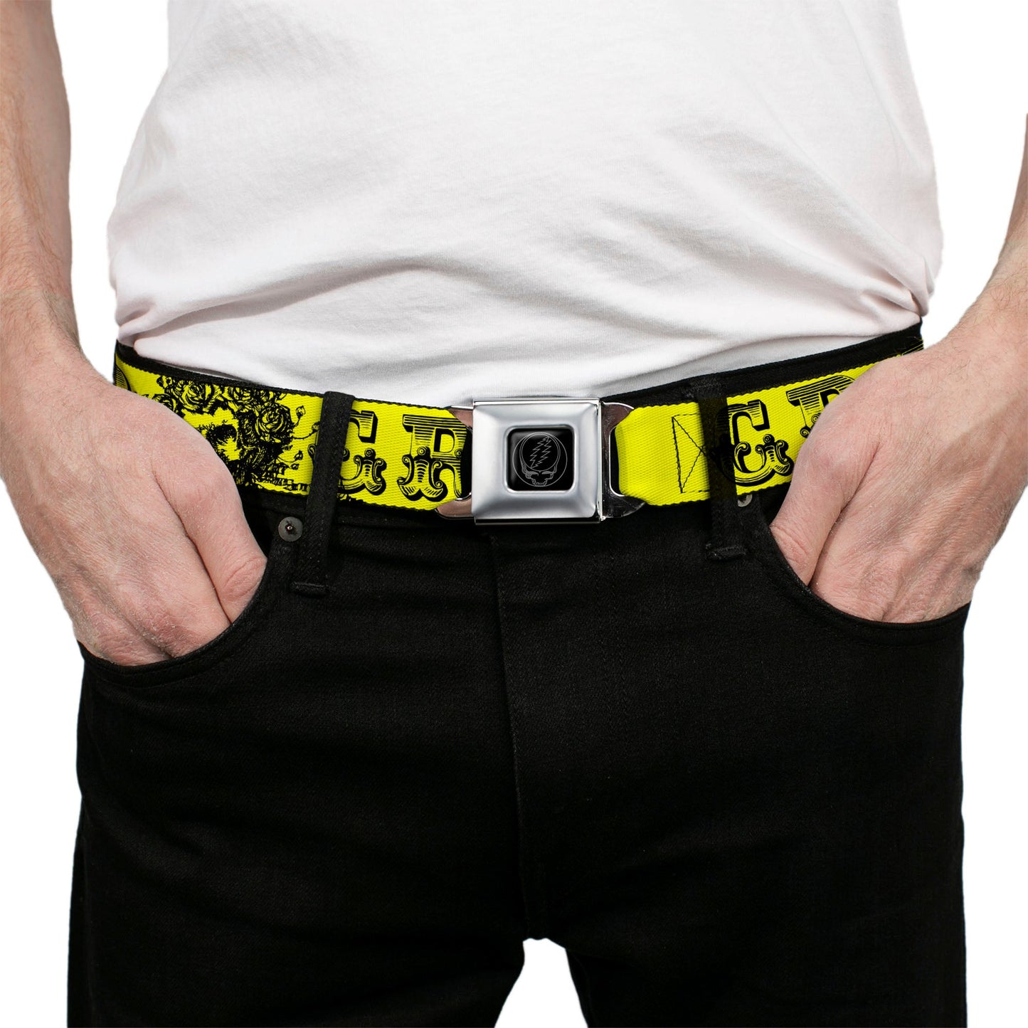 Grateful Dead Text with Skull and Roses Seatbelt Belt