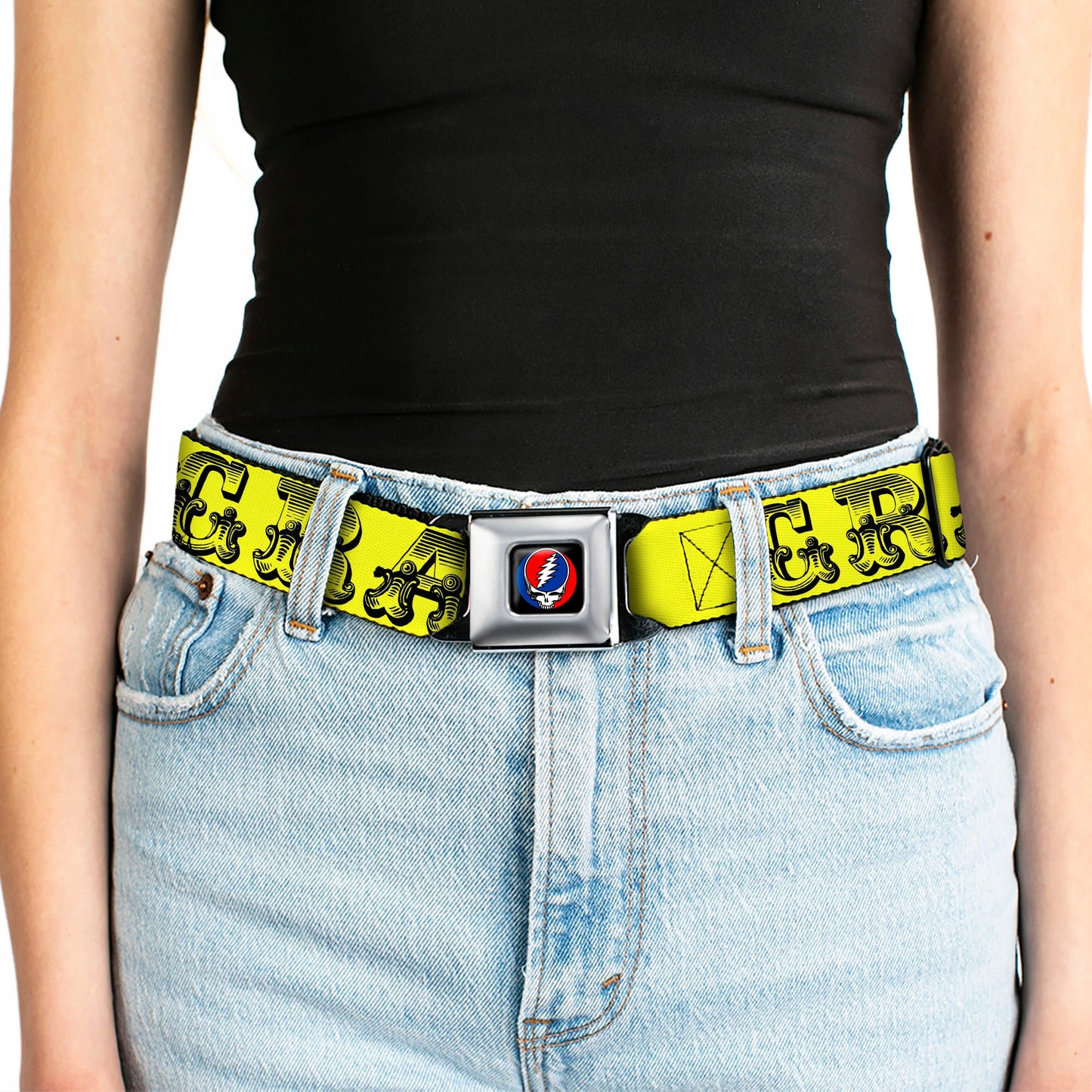 Grateful Dead Text with Skull and Roses Seatbelt Belt