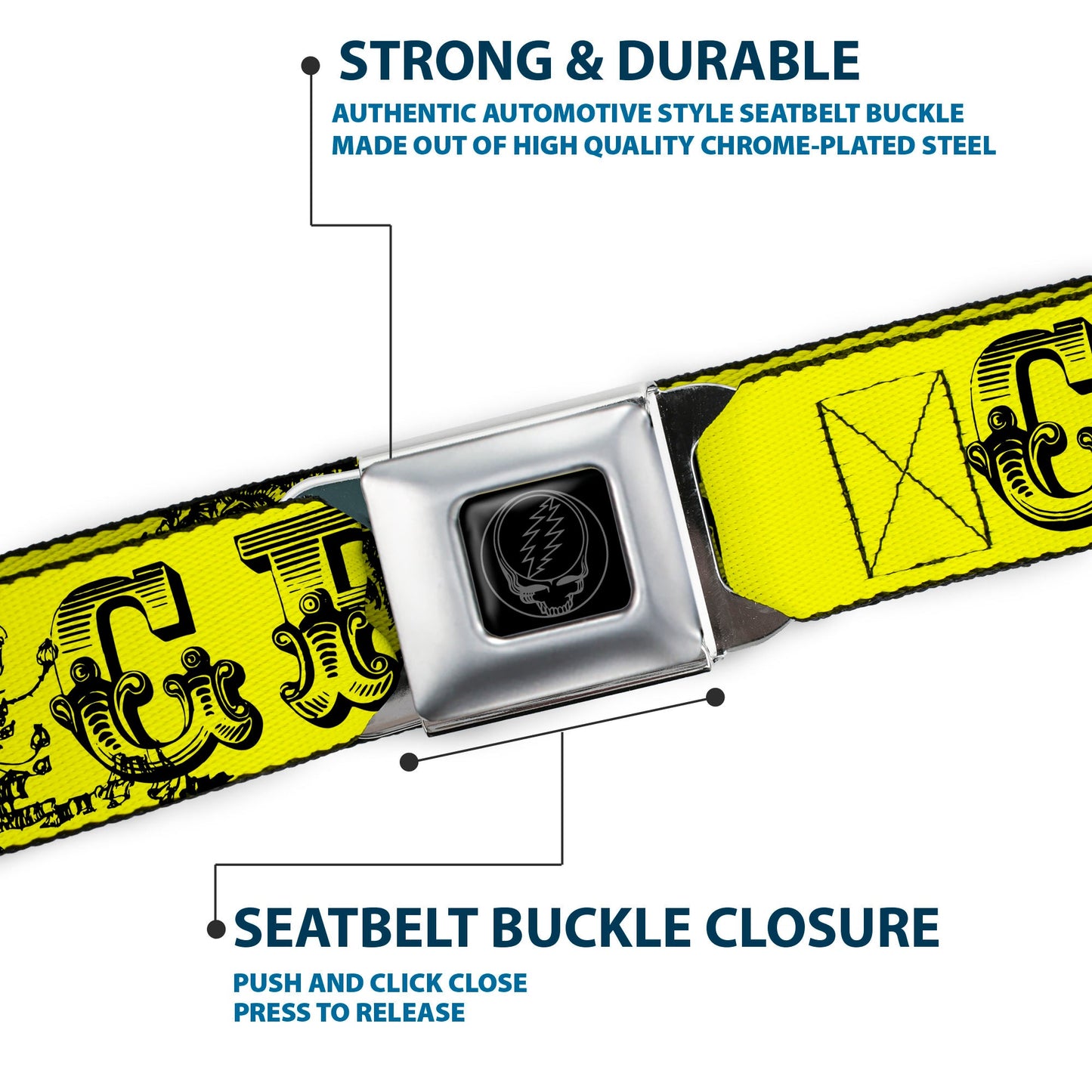 Grateful Dead Text with Skull and Roses Seatbelt Belt