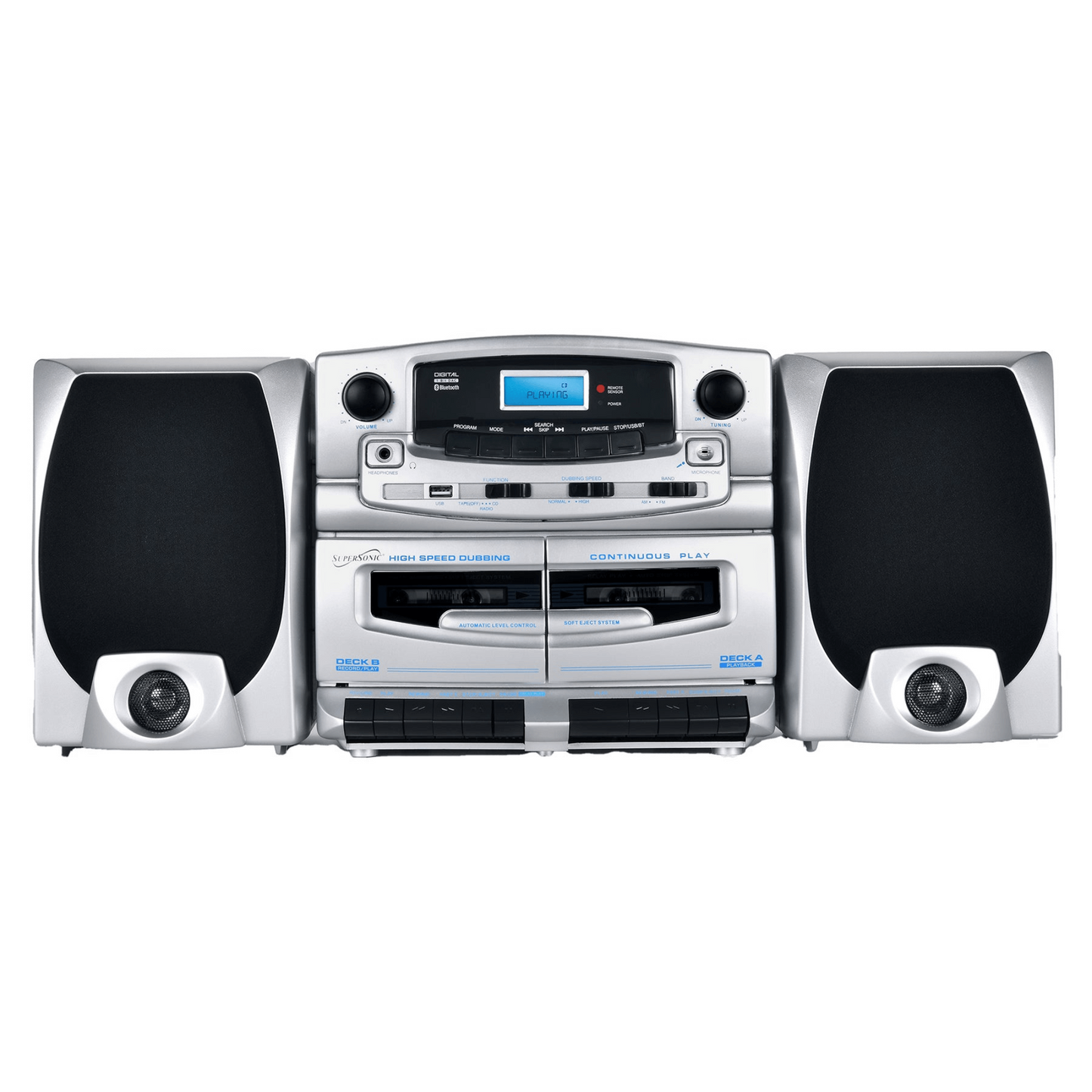 Supersonic Bluetooth Audio System with Double Cassette Recorder & Built-In Mic (SC-2121BT)