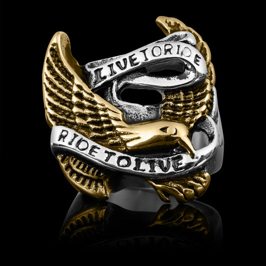 Stainless Steel 18K Gold Plated Live To Ride Eagle Biker Ring