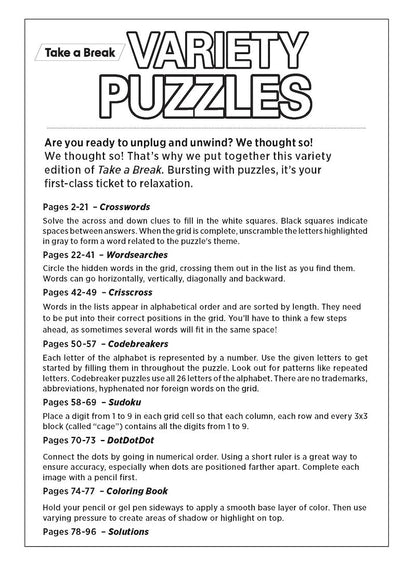 Variety Puzzles 240504 Large Print - Unplug and Unwind! Adult Activity Book: 100+ Puzzles, Easy & Fun, Sudoku, Word Search, Crossword, Dot-To-Dot, Coloring Book, CrissCross, Codebreakers & Solve!