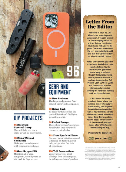 Backwoods Survival Guide - Living Off The Land No. 28: 200 Tips, Tarp Shelters, Dakota Fire Hole, DIY Backyard Camp, Summer Checklist, Walking Sticks, Hiking Safety, Fire-Starting Gear & More!