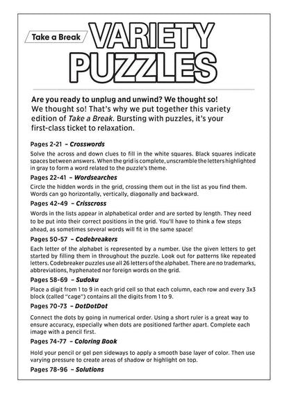 Take a Break - Variety Puzzles (Large Print): 100+ Puzzles, Adult Activity Book, Easy & Fun, Sudoku, Word Search, Crossword, Dot-To-Dot, Coloring, CrissCross, Relax, Unwind, Unplug, De-Stress & Solve!