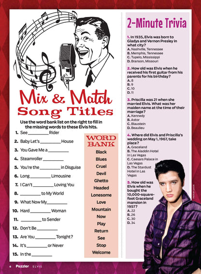 TV Guide - Elvis Puzzler: His Movies & Music, Criss Cross, Word Sudoku, Missing Letters, Spot The Differences, Scrambles, Trivia, Crossword, Word Searches, Mix & Match Song Titles, Logic & More!