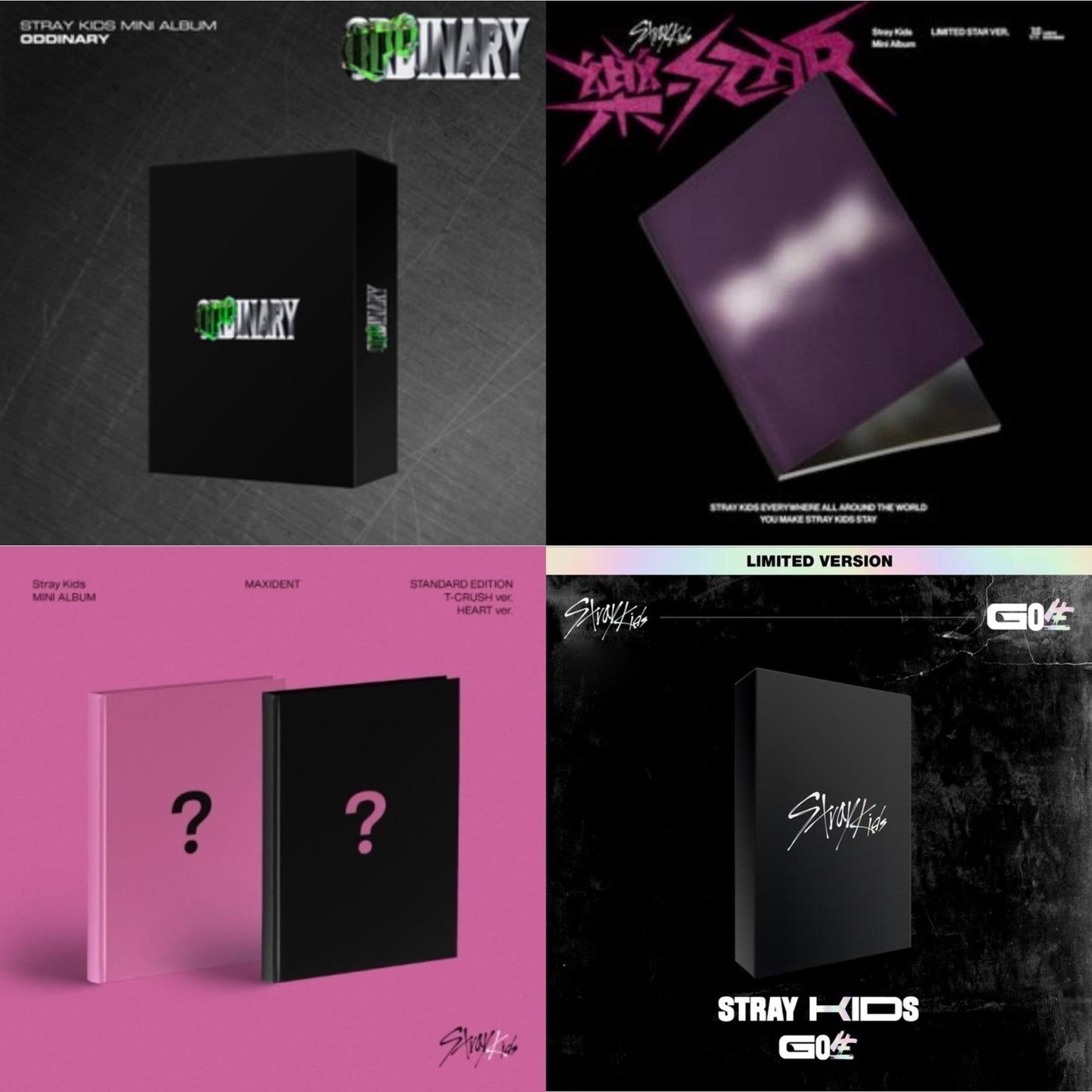 Stray Kids - Rock-Star (Limited Star Ver.) & Go: Volume 1 (Normal Edition) & Maxident (T-Crush Version/Heart Version) & Oddinary (Scanning Version/Mask Off Version/Normal Edition) - CD Bundle