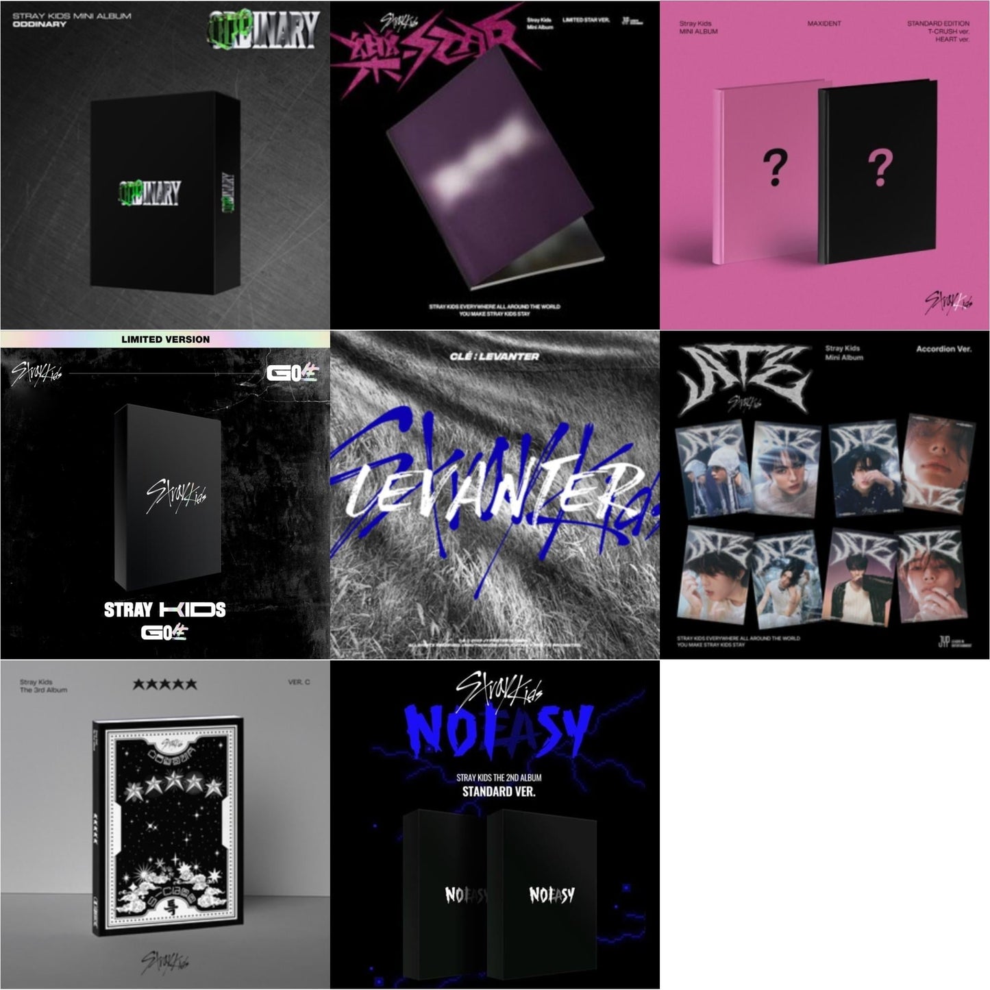 Stray Kids - Oddinary (Scanning Version/Mask Off Version/Normal Edition) & Rock-Star (Limited Star Ver.) & Maxident (T-Crush Version/Heart Version) & Go: Volume 1 (Normal Edition) & Cle: Levanter (Mini Album) (Normal Edition) & Ate (Accordion Ver.) &