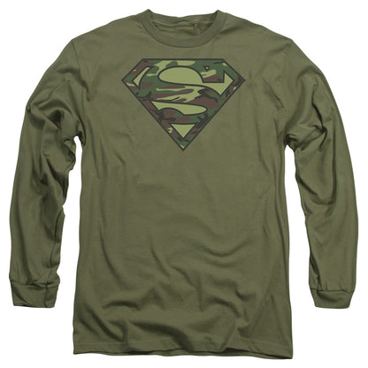 Superman Camo Logo Mens Long Sleeve Shirt Military Green Officially Licensed