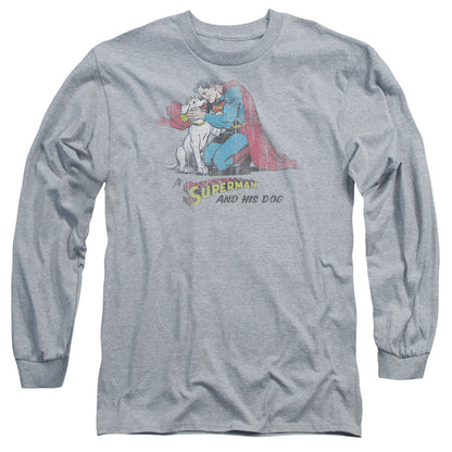 Superman And His Dog Mens Long Sleeve Shirt Athletic Heather Officially Licensed