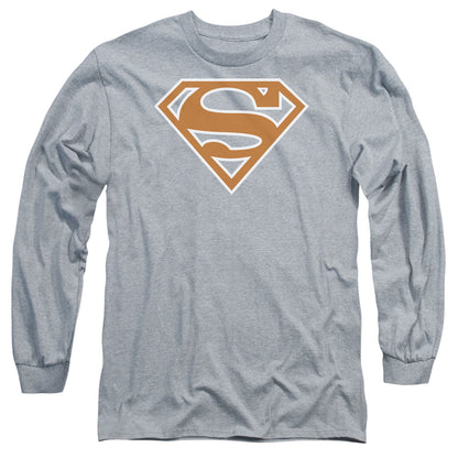 Superman Burnt Orange&White Shield Mens Long Sleeve Shirt Athletic Heather Officially Licensed