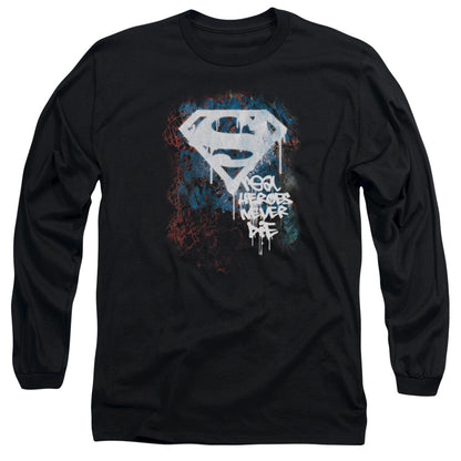 Superman Real Heroes Never Die Mens Long Sleeve Shirt Black Officially Licensed