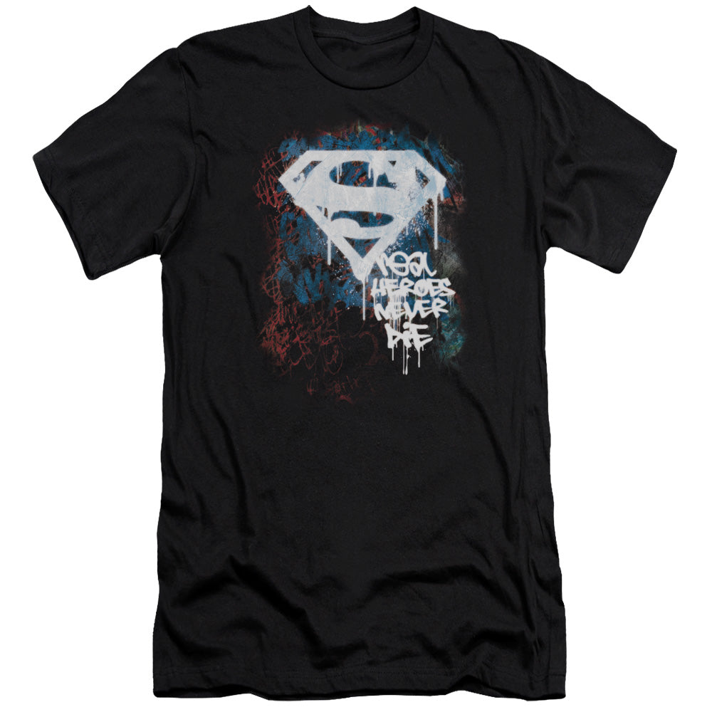 Superman Real Heroes Never Die Premium Bella Canvas Slim Fit Mens T Shirt Black