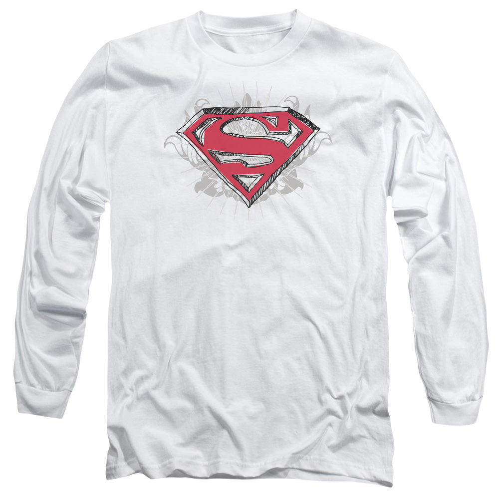 Superman Hastily Drawn Shield Mens Long Sleeve Shirt White Officially Licensed