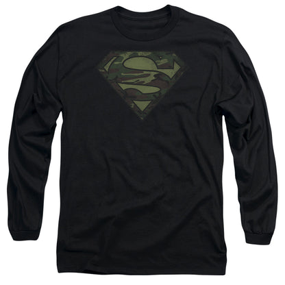 Superman Camo Logo Distressed Mens Long Sleeve Shirt Black