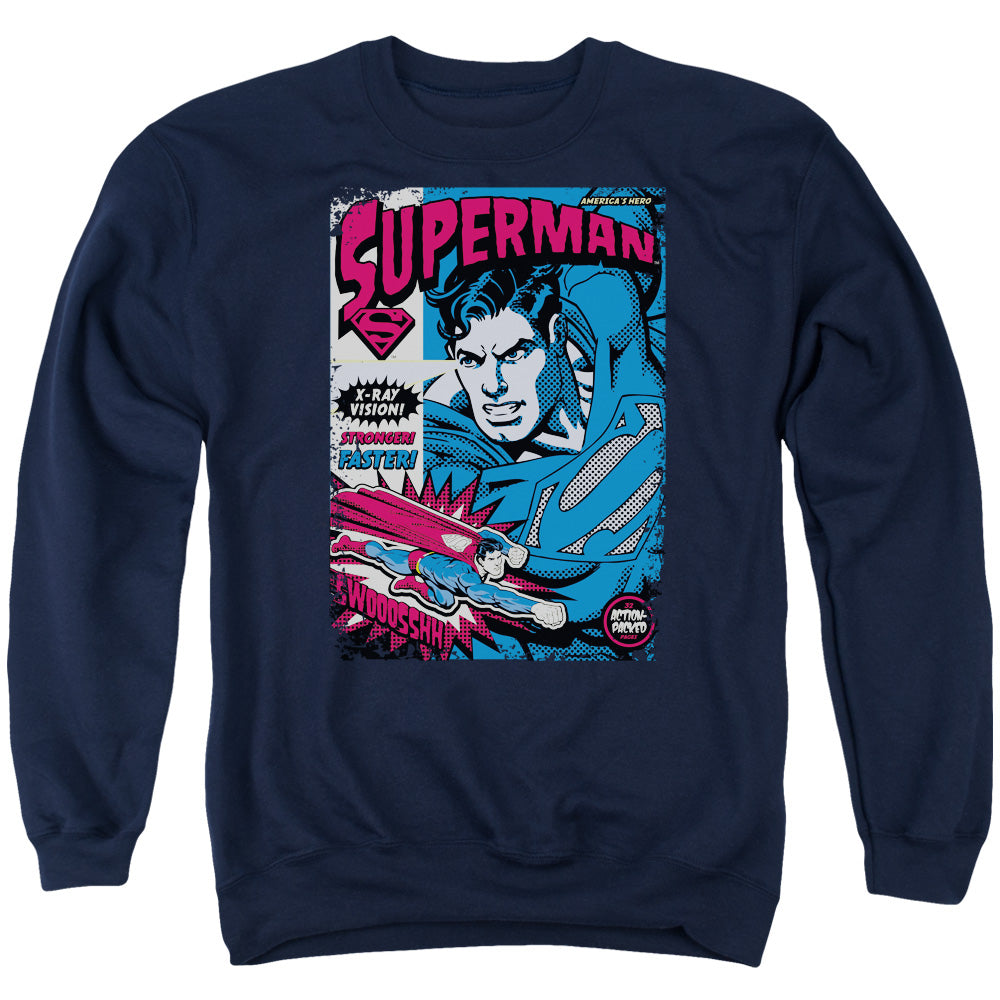 Superman Action Packed Mens Crewneck Sweatshirt Navy