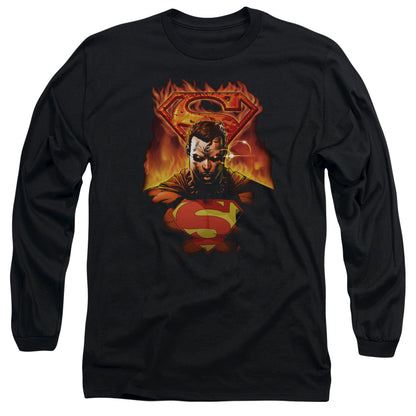 Superman Man On Fire Mens Long Sleeve Shirt Black