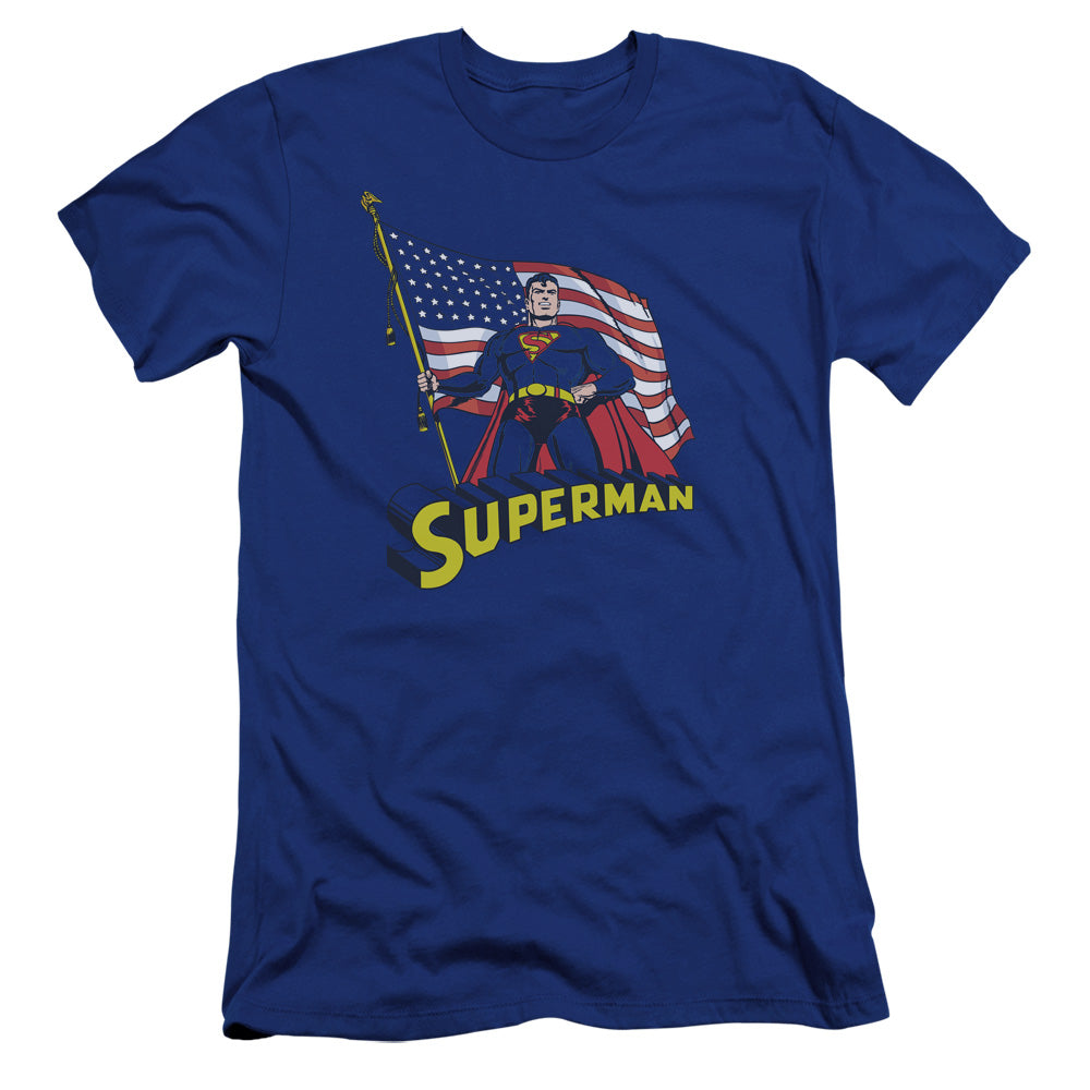 Superman American Flag Premium Bella Canvas Slim Fit Mens T Shirt Royal Blue