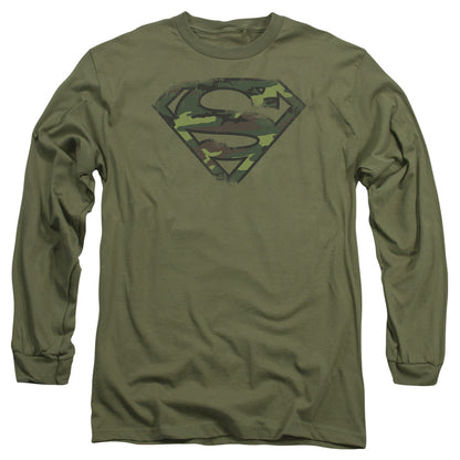 Superman Distressed Camo Shield Mens Long Sleeve Shirt Military Green