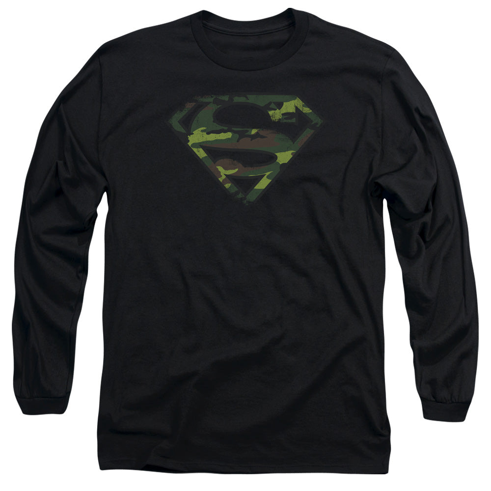 Superman Distressed Camo Shield Mens Long Sleeve Shirt Black