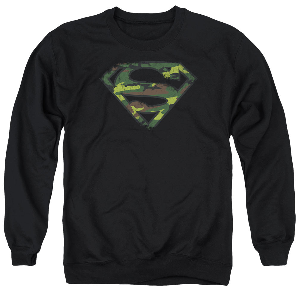 Superman Distressed Camo Shield Mens Crewneck Sweatshirt Black