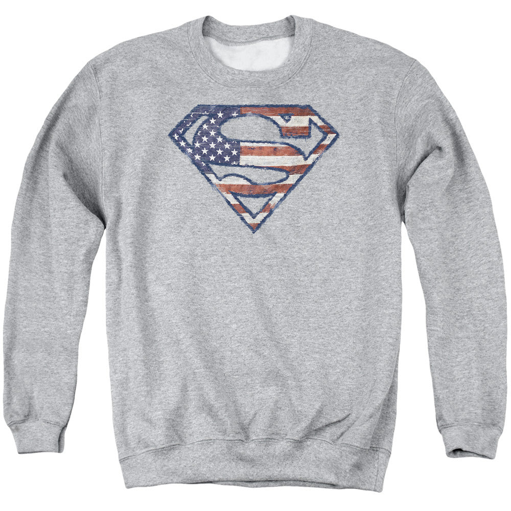 Superman Wartorn Flag Mens Crewneck Sweatshirt Athletic Heather