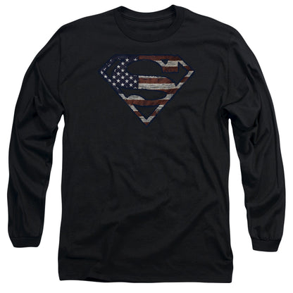 Superman Wartorn Flag Mens Long Sleeve Shirt Black