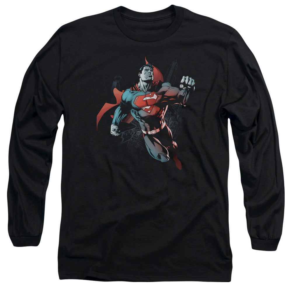 Superman Up In The Sky Mens Long Sleeve Shirt Black Officially Licensed