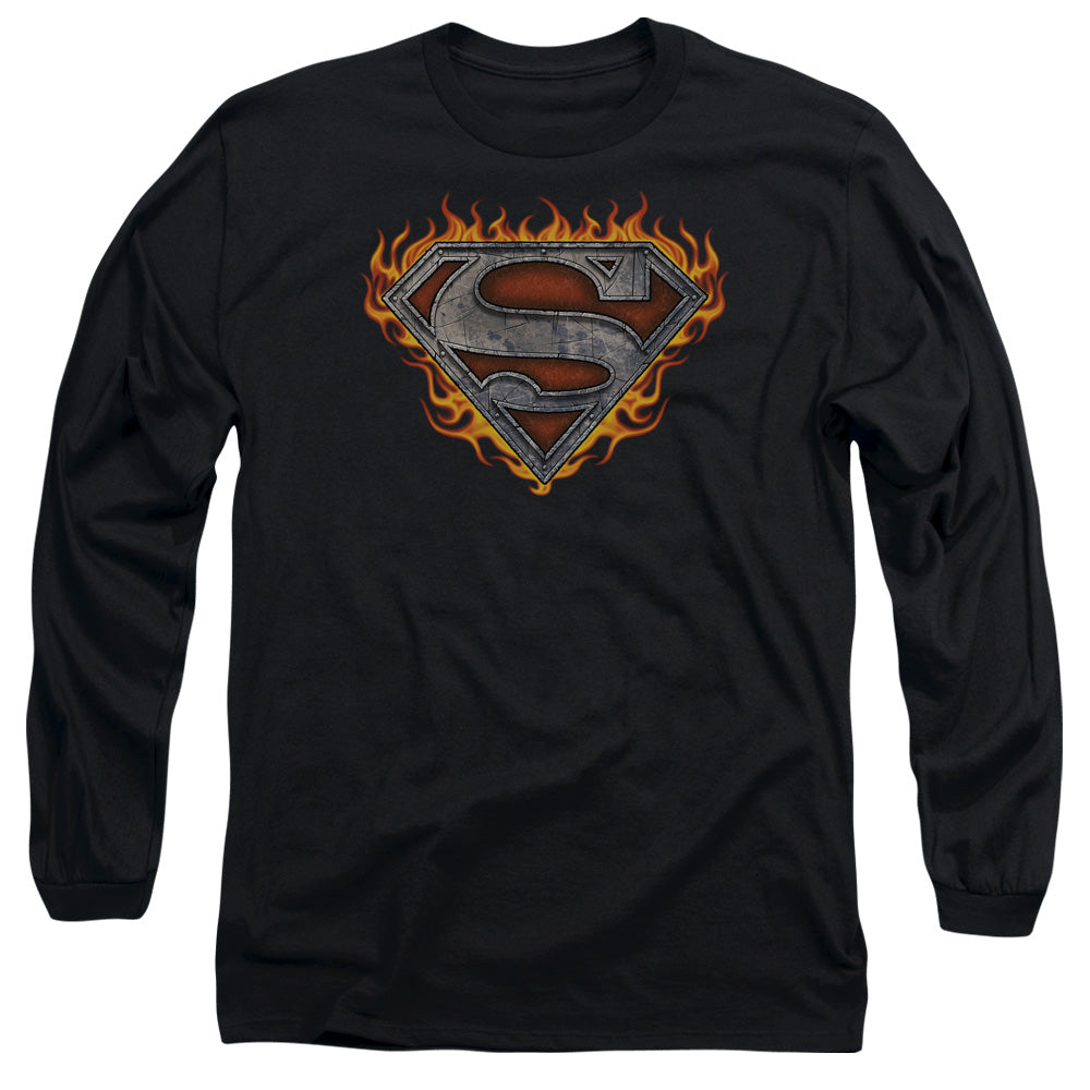 Superman Iron Fire Shield Mens Long Sleeve Shirt Black Officially Licensed