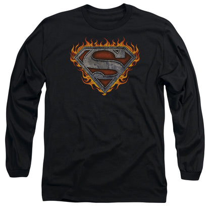 Superman Iron Fire Shield Mens Long Sleeve Shirt Black Officially Licensed