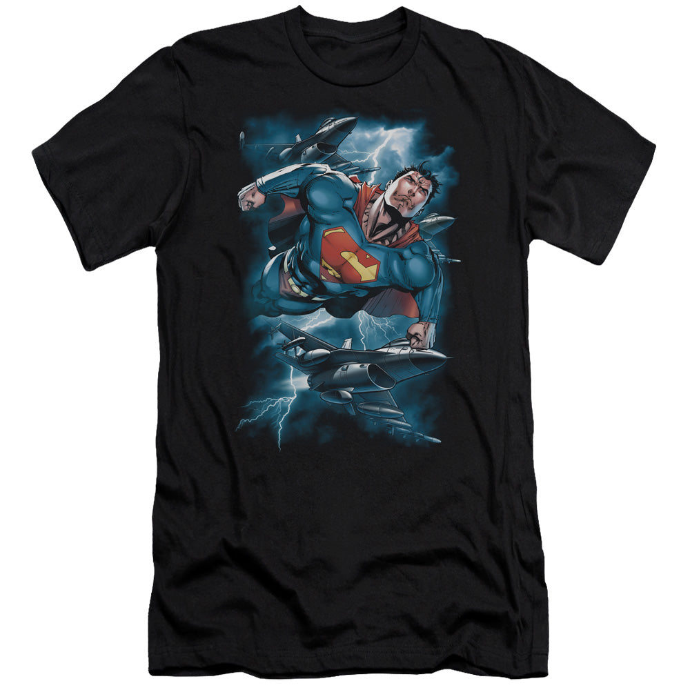 Superman Stormy Flight Premium Bella Canvas Slim Fit Mens T Shirt Black