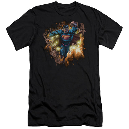 Superman Blasting Through Premium Bella Canvas Slim Fit Mens T Shirt Black