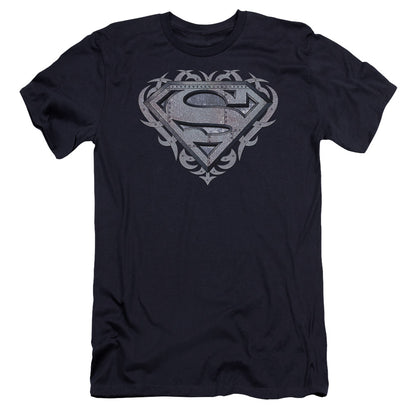 Superman Tribal Steel Shield Premium Bella Canvas Slim Fit Mens T Shirt Navy