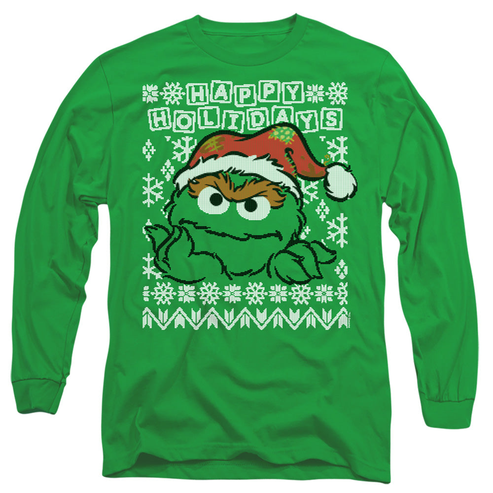 Sesame Street Oscar The Grouch Ugly Christmas Mens Long Sleeve Shirt Kelly Green Officially Licensed