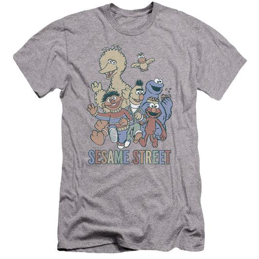 Sesame Street Colorful Group Premium Bella Canvas Slim Fit Mens T Shirt Athletic Heather