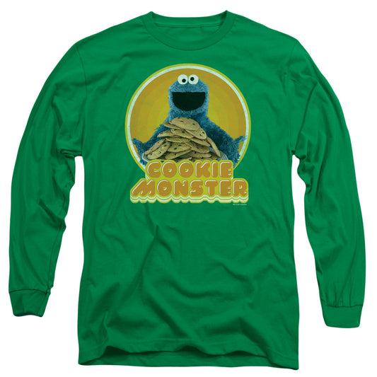 Sesame Street Cookie Iron On Mens Long Sleeve Shirt Kelly Green